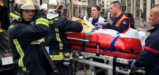 Firefighters carry an injured man on a stretcher in front of the offices of the French satirical newspaper Charlie Hebdo in Paris on January 7, 2015, after armed gunmen stormed the offices leaving at least one dead according to a police source and "six seriously injured" police officers according to City Hall. AFP PHOTO / PHILIPPE DUPEYRATPhilippe Dupeyrat/AFP/Getty Images